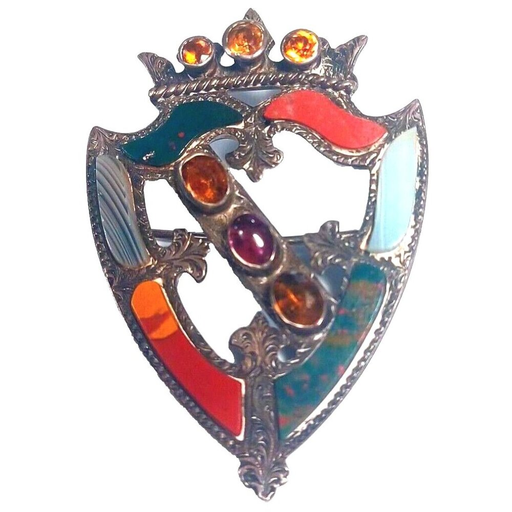 Victorian Sterling Silver Scottish Crest With Crown Agate Brooch Pin Circa 1890 - Picture 1 of 10